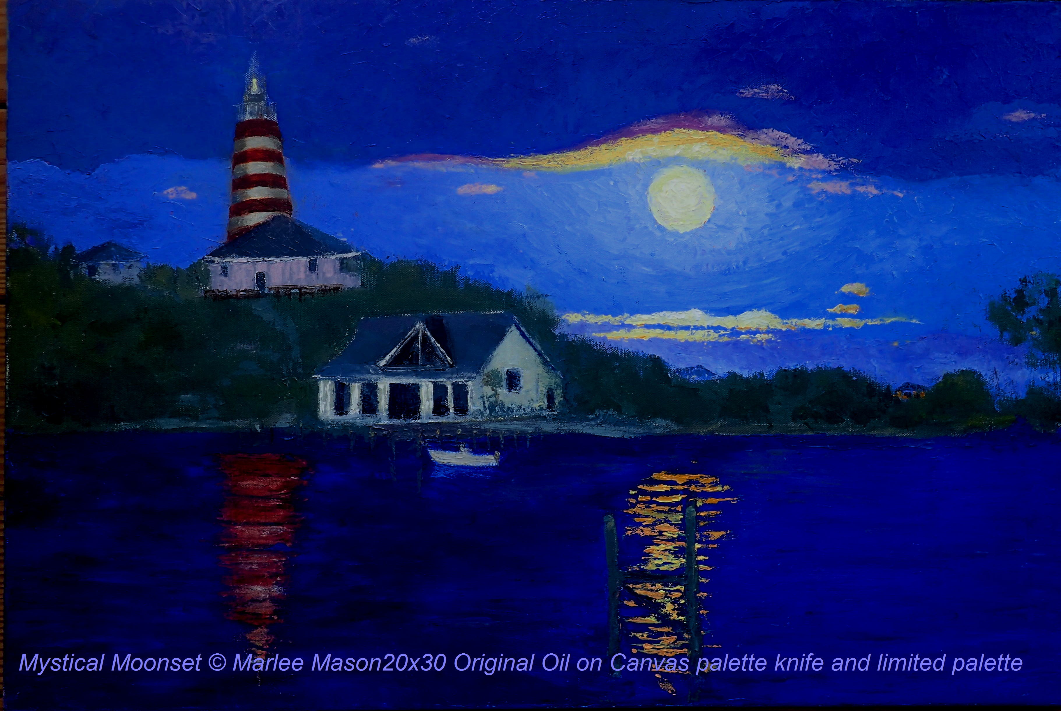 Original Oil Painting 20"x30" on Canvas.  This is painted using a limited palette and palette knives only.  There are few moments that capture the mystical Hope Town Lighthouse and Harbour as well as 